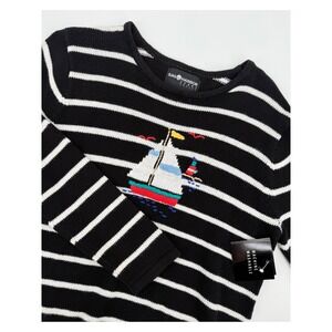 Vintage Sag Harbor Sweater Medium Petite Striped Boat Nautical‎ Embroidered NEW